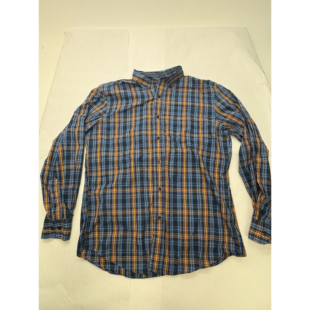 Saddlebred Easy Care Shirt Mens M Blue Orange Plaid Business Casual Button Down